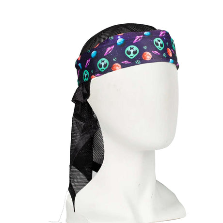 Front of HK Army Headwrap UAP green aliens on a purple patterned headscarf on a mannequin head against a white background