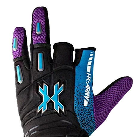 Close up of finger design black, purple, blue and white HK Army Pro Glove Artic for paintball and airsoft on a white background.
