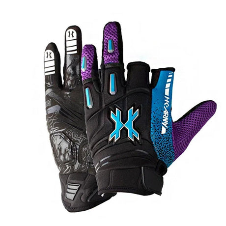 Pair of black, purple, blue and white HK Army Pro Glove Artic for paintball and airsoft on a white background.