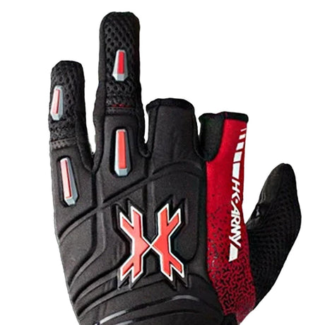 Close up back side of black, red and white HK Army Pro Glove Lava for paintball and airsoft on a white background.