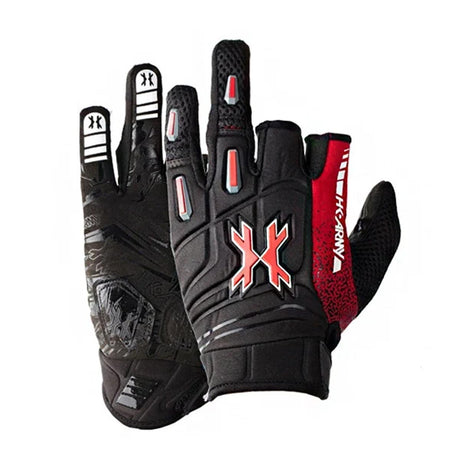 Pair of black, red and white HK Army Pro Glove Lava for paintball and airsoft on a white background.