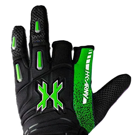 Close up of finger design black, lime green and white HK Army Pro Glove Slime for paintball and airsoft on a white background.