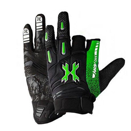 Pair of black, lime green and white HK Army Pro Glove Slime for paintball and airsoft on a white background.