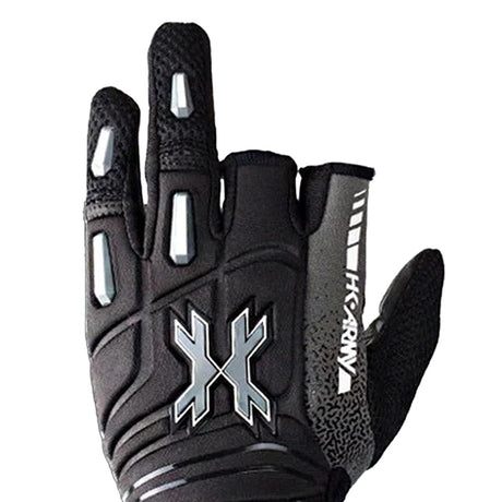 Close up of finger design black, grey and white HK Army Pro Glove Stealth for paintball and airsoft on a white background.
