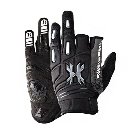 Pair of black, grey and white HK Army Pro Glove Stealth for paintball and airsoft on a white background.