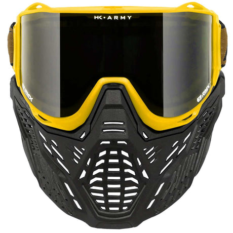 Front view HK Army RMX Thermal Paintball Goggles Black yellow Gold with smoke lens on a white background