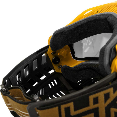 Interior view lens latch HK Army RMX Thermal Paintball Goggles Black yellow Gold with smoke lens on a white background