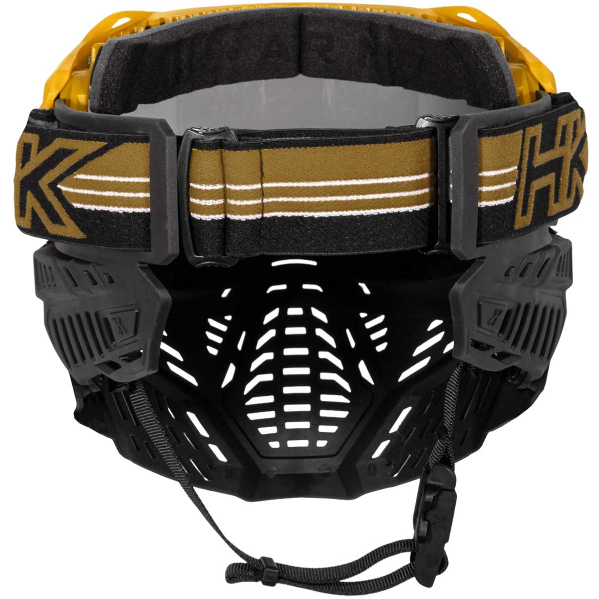 Rear view of HK Army RMX Thermal Paintball Goggles Black yellow Gold with smoke lens on a white background