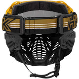 Rear view of HK Army RMX Thermal Paintball Goggles Black yellow Gold with smoke lens on a white background