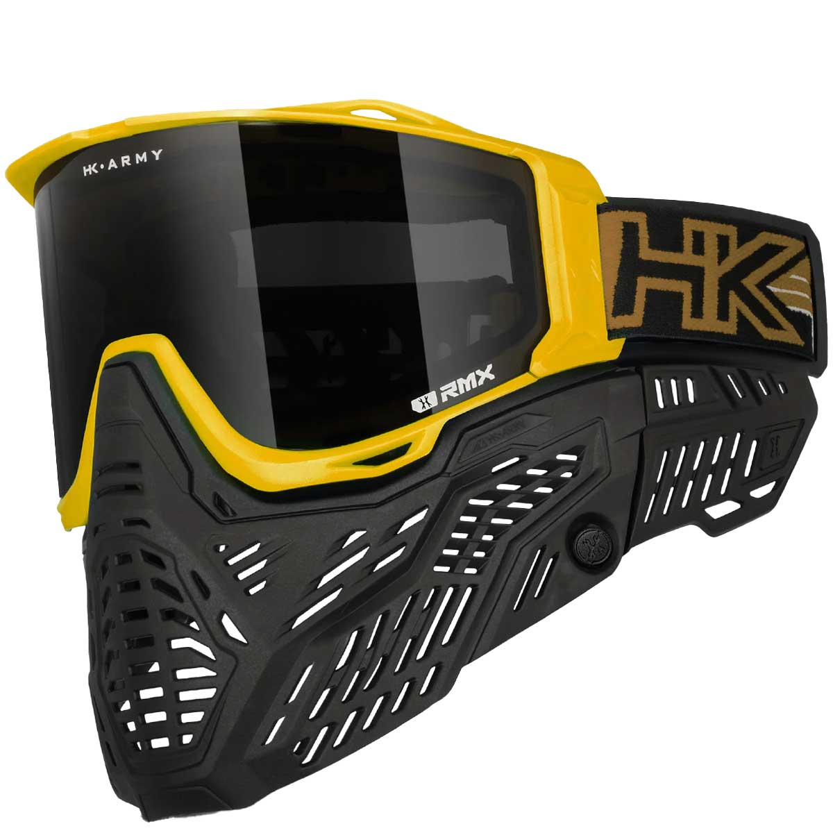 Front side angle of HK Army RMX Thermal Paintball Goggles Black Gold with smoke lens on a white background