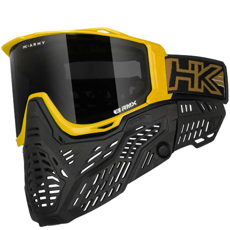 Front side angle of HK Army RMX Thermal Paintball Goggles Black Gold with smoke lens on a white background
