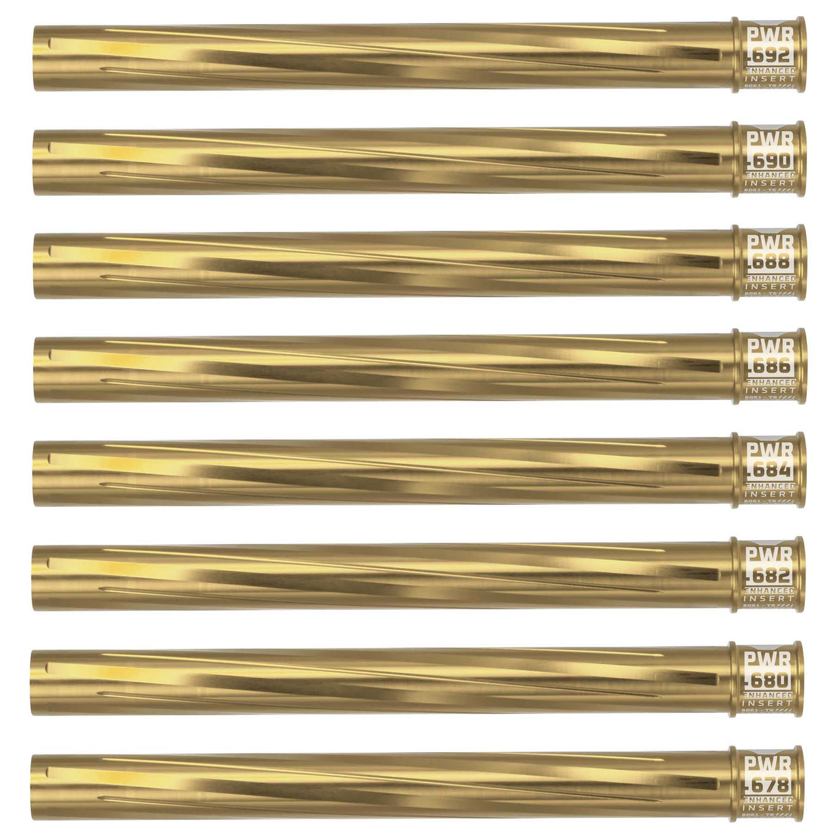 Eight HK Army Vector PWR Barrel Inserts gold on a white background