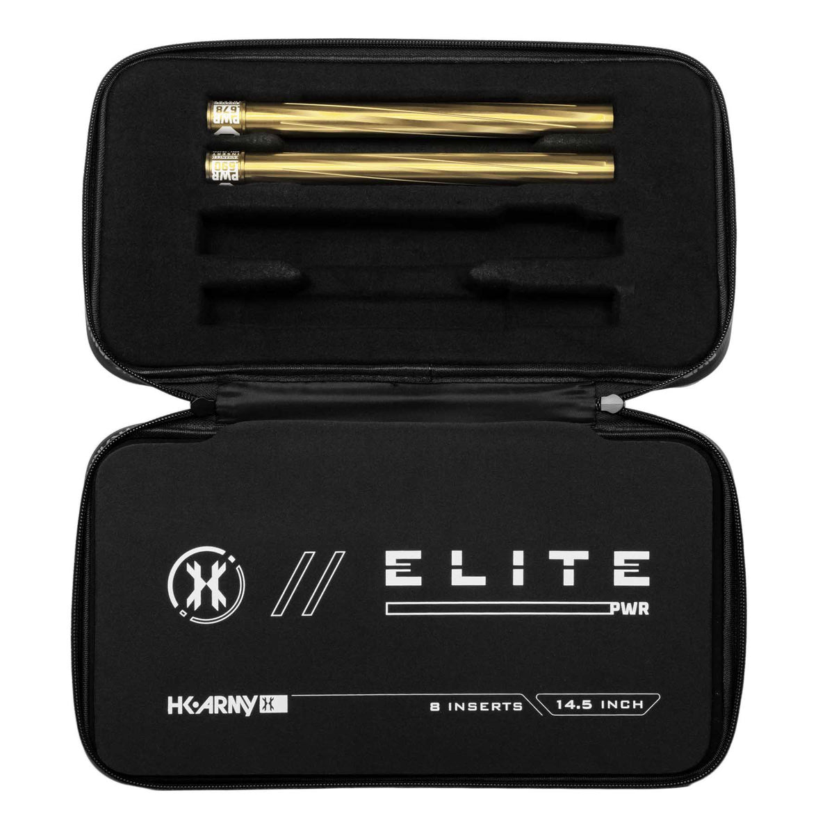 Two gold HK Army Vector PWR Barrel Inserts for paintball in a case on a white background