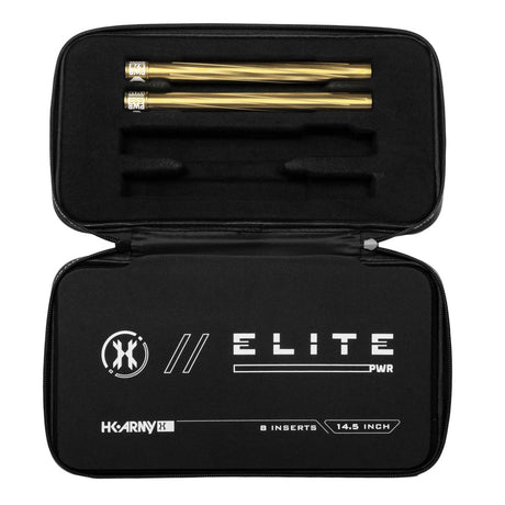 Two gold HK Army Vector PWR Barrel Inserts for paintball in a case on a white background