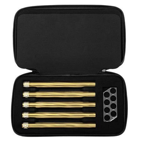 Five HK Army Vector PWR Barrel Inserts for paintball in a case with ball sizer gold on a white background