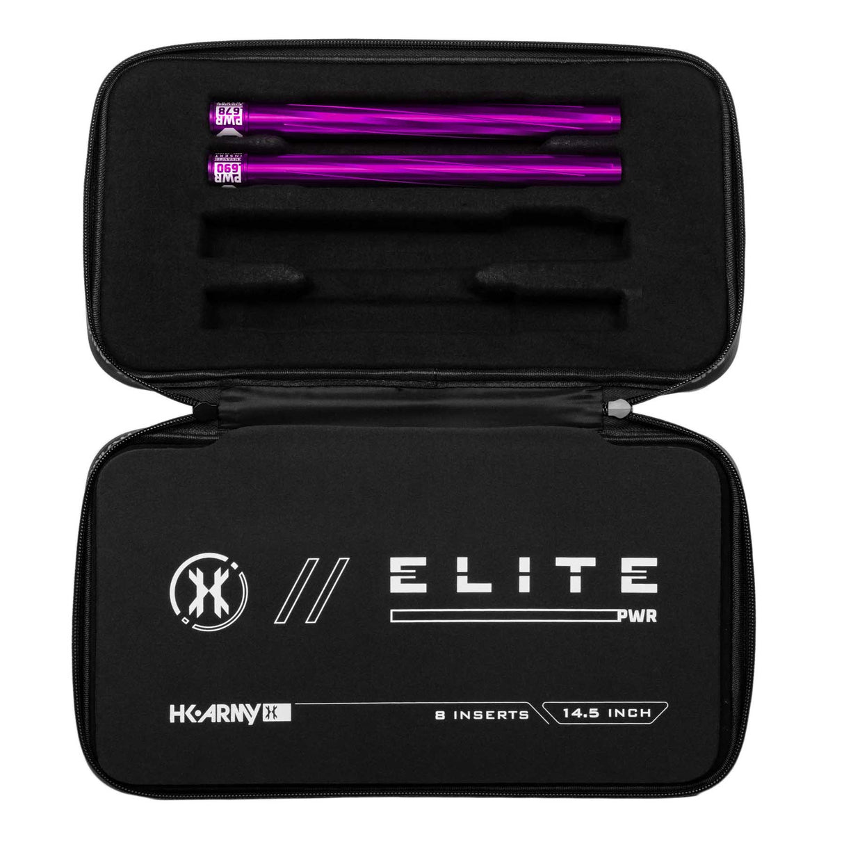 Two purple HK Army Vector PWR Barrel Inserts for paintball in a case on a white background