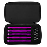 Five HK Army Vector PWR Barrel Inserts for paintball in a case with ball sizer purple on a white background