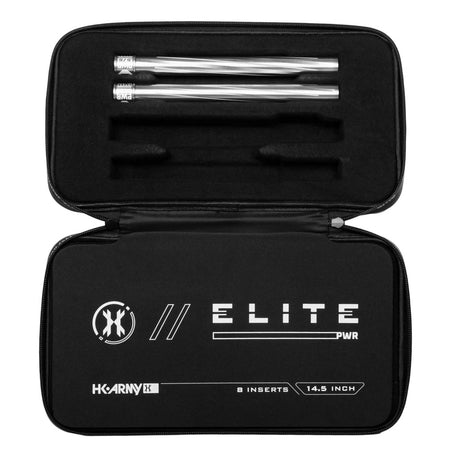 Two silver HK Army Vector PWR Barrel Inserts for paintball in a case on a white background