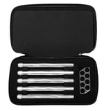 Five HK Army Vector PWR Barrel Inserts for paintball in a case with ball sizer silver on a white background