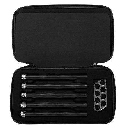 Five HK Army Vector PWR Barrel Inserts for paintball in a case with ball sizer black on a white background