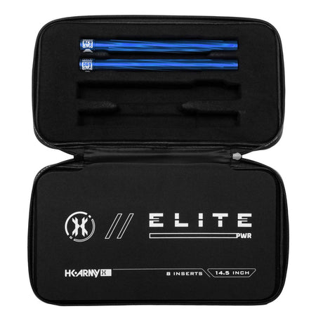 Two blue HK Army Vector PWR Barrel Inserts for paintball in a case on a white background
