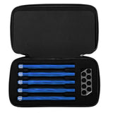 Five HK Army Vector PWR Barrel Inserts for paintball in a case with ball sizer blue on a white background
