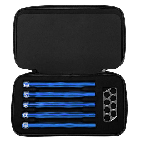 Five HK Army Vector PWR Barrel Inserts for paintball in a case with ball sizer blue on a white background