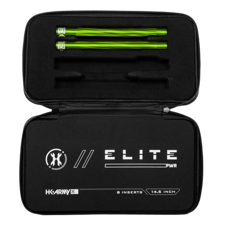 Two lime green HK Army Vector PWR Barrel Inserts for paintball in a case on a white background
