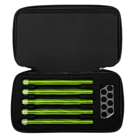 Five HK Army Vector PWR Barrel Inserts for paintball in a case with ball sizer lime green on a white background