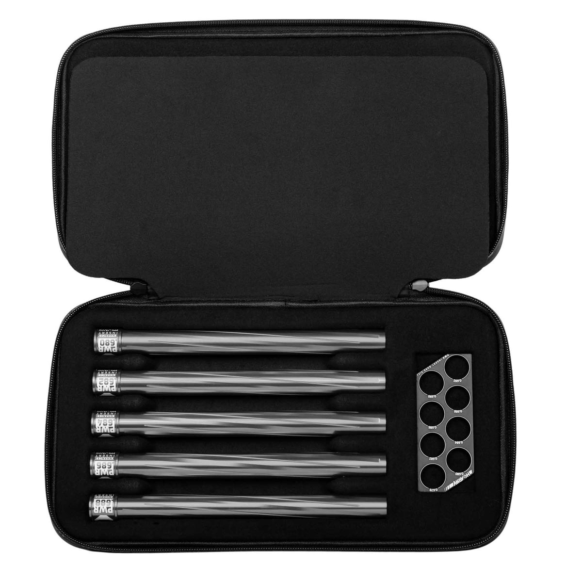 Five HK Army Vector PWR Barrel Inserts for paintball in a case with ball sizer grey pewter on a white background