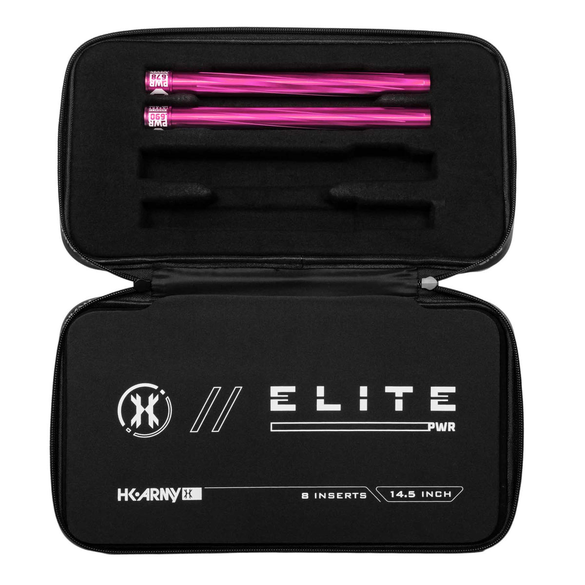 Two pink HK Army Vector PWR Barrel Inserts for paintball in a case on a white background