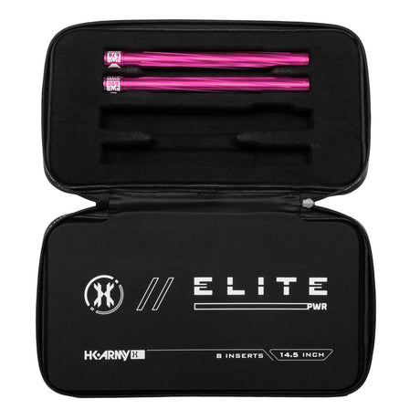 Two pink HK Army Vector PWR Barrel Inserts for paintball in a case on a white background