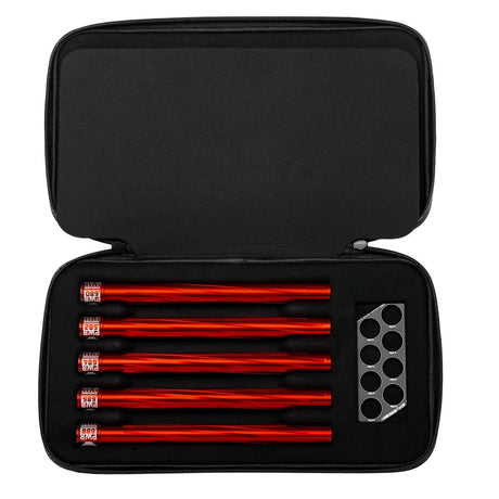 Five HK Army Vector PWR Barrel Inserts for paintball in a case with ball sizer red on a white background