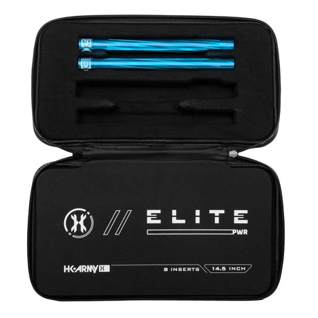 Two turquoise blue HK Army Vector PWR Barrel Inserts for paintball in a case on a white background