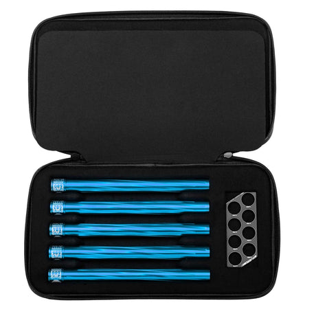 Five HK Army Vector PWR Barrel Inserts for paintball in a case with ball sizer blue turquoise on a white background