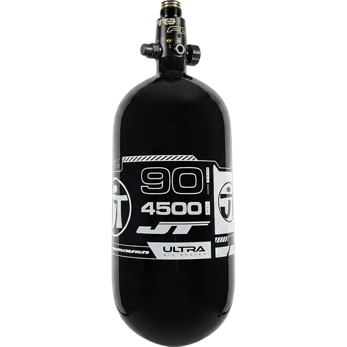 Alternate tank view of JT Ultra Lite Carbon Fiber Air Tank 90ci 4500psi Black/White w FLO Pro Reg