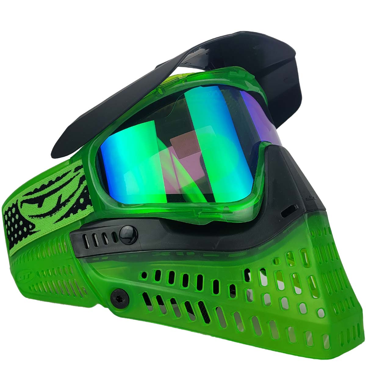 Right side angle JT Lucky 15 ProFlex Goggle Ice Green w Green Mirror Lens installed 