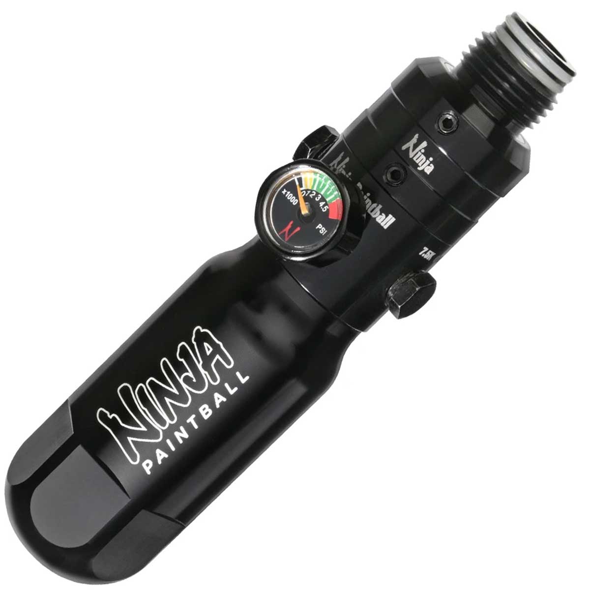 A black anodized aluminum Ninja Pocket Bottle 4500psi Reg Tester with white 'NINJA PAINTBALL' branding installed on a Ninja reg shown on a plain white background.
