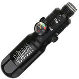 A black anodized aluminum Ninja Pocket Bottle 4500psi Reg Tester with white 'NINJA PAINTBALL' branding installed on a Ninja reg shown on a plain white background.