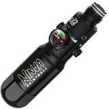 A black anodized aluminum Ninja Pocket Bottle 4500psi Reg Tester with white 'NINJA PAINTBALL' branding installed on a UL2 reg shown on a plain white background.
