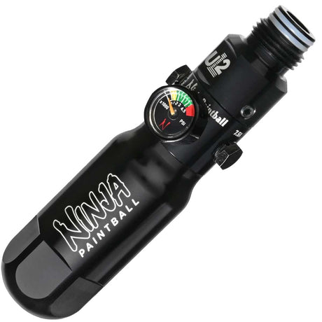 A black anodized aluminum Ninja Pocket Bottle 4500psi Reg Tester with white 'NINJA PAINTBALL' branding installed on a UL2 reg shown on a plain white background.