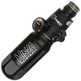 A black anodized aluminum Ninja Pocket Bottle 4500psi Reg Tester with white 'NINJA PAINTBALL' branding installed on a Empire FLO reg shown on a plain white background.