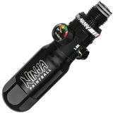 A black anodized aluminum Ninja Pocket Bottle 4500psi Reg Tester with white 'NINJA PAINTBALL' branding installed on a HK reg shown on a plain white background.