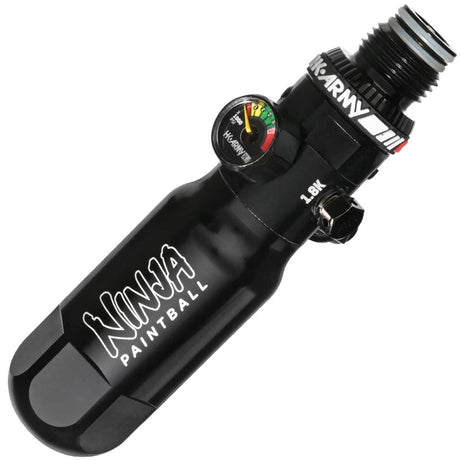 A black anodized aluminum Ninja Pocket Bottle 4500psi Reg Tester with white 'NINJA PAINTBALL' branding installed on a HK reg shown on a plain white background.