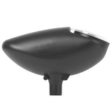 A black plastic gravity fed paintball loader hopper on a white background