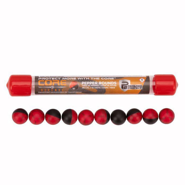 A tube of Core 10 Prepared Protect pepper rounds shown horizontally with ten pepper .50 caliber capsules aligned below it on a plain white background.