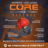 An informational product graphic for a red and black Core 10 Prepared Protect pepper rounds labeled 'Core Defense' with callout text about color ID, fracture lines, payload, and engineered precision on a dark textured background.