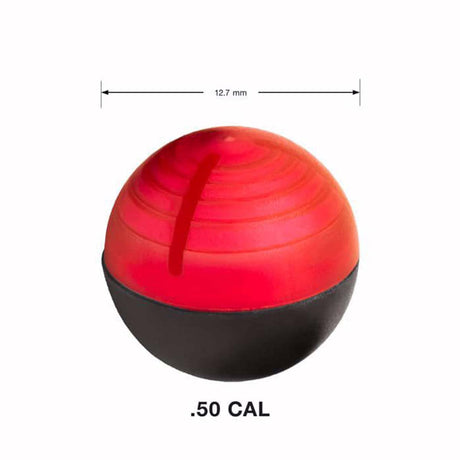 A red and black Core 10 Prepared Protect pepper round .50 caliber ball with dimension markings showing a width of 12.7 mm and a weight of .