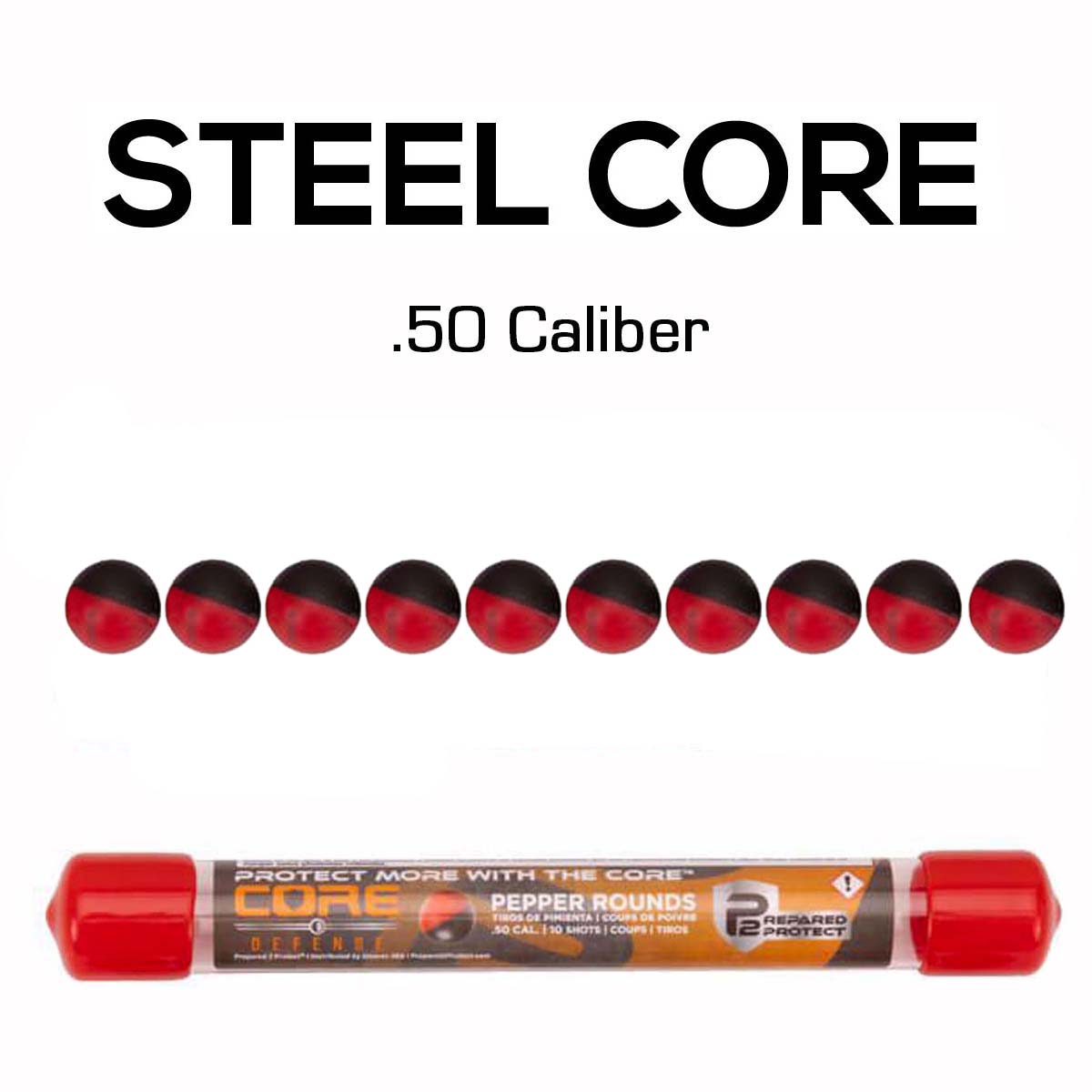 Steel core .50 caliber pepper round package shown with ten individual rounds above and the packaged tube below on a white background.