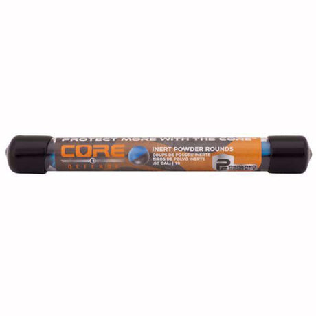 A Core Defense .50 Cal. inert powder round tube with black caps and an orange and black label, shown against a plain white background.
